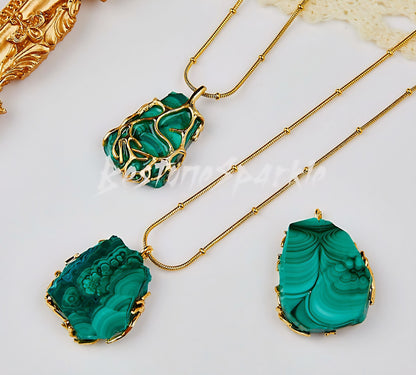 New Raw Malachite Pendant Slab Gold Necklace, “Stone of Transformation”, May Birthstone, 24K Gold-Plated Chain
