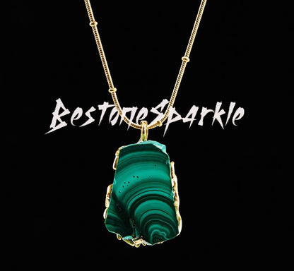 New Raw Malachite Pendant Slab Gold Necklace, “Stone of Transformation”, May Birthstone, 24K Gold-Plated Chain