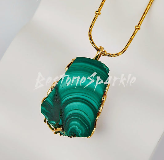 New Raw Malachite Pendant Slab Gold Necklace, “Stone of Transformation”, May Birthstone, 24K Gold-Plated Chain