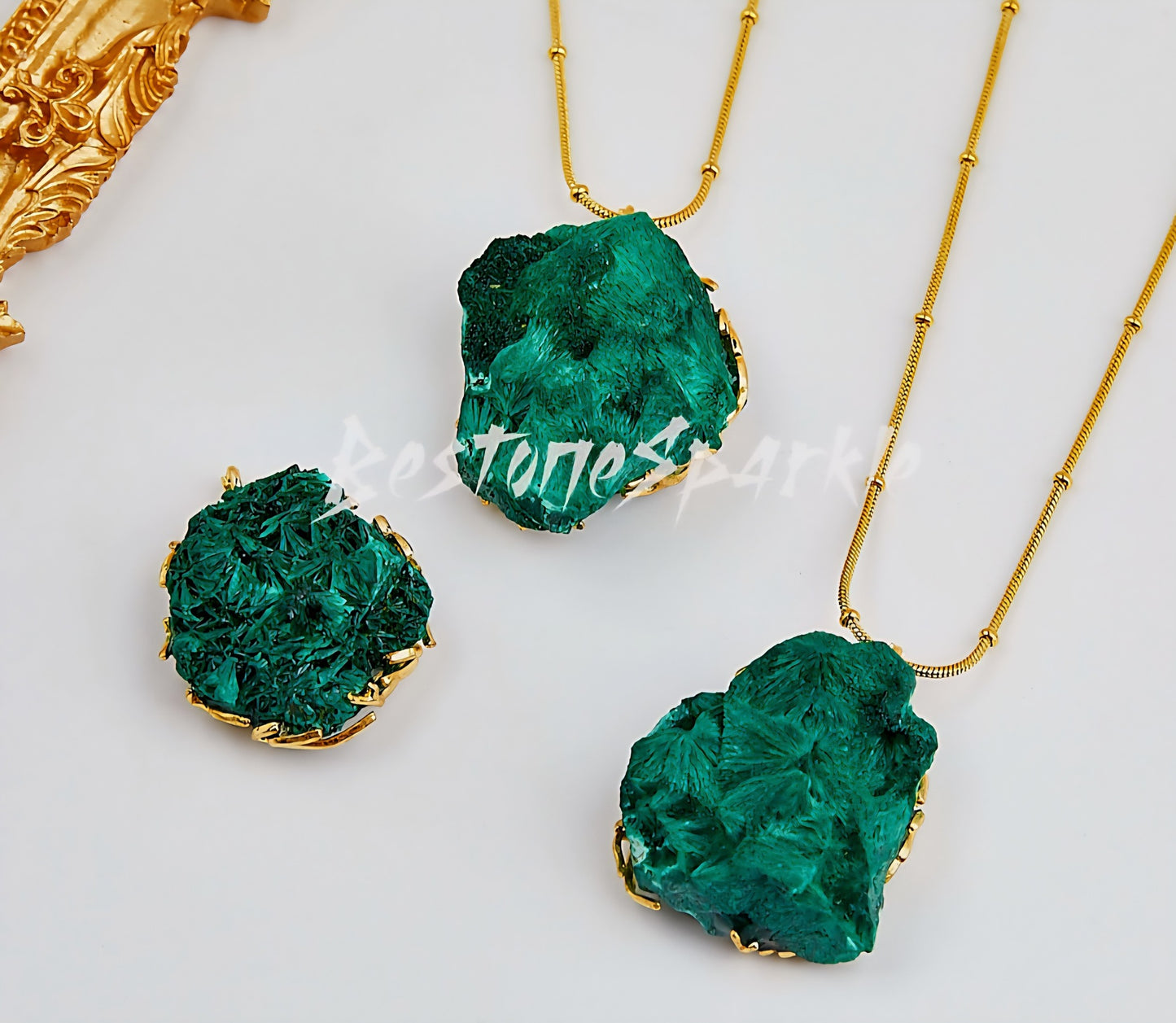 New Raw Malachite Pendant Gold Cluster Necklace, “Stone of Transformation”, May Birthstone, 24K Gold-Plated Chain