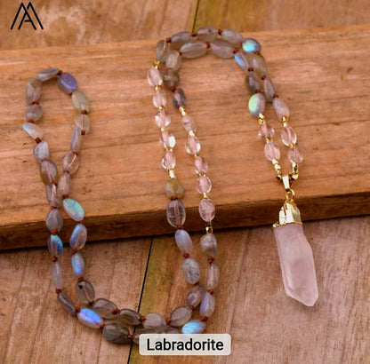 NYE MALA CRYSTAL KJEDER LABRADORITE m/Clear Quartz Spissanheng