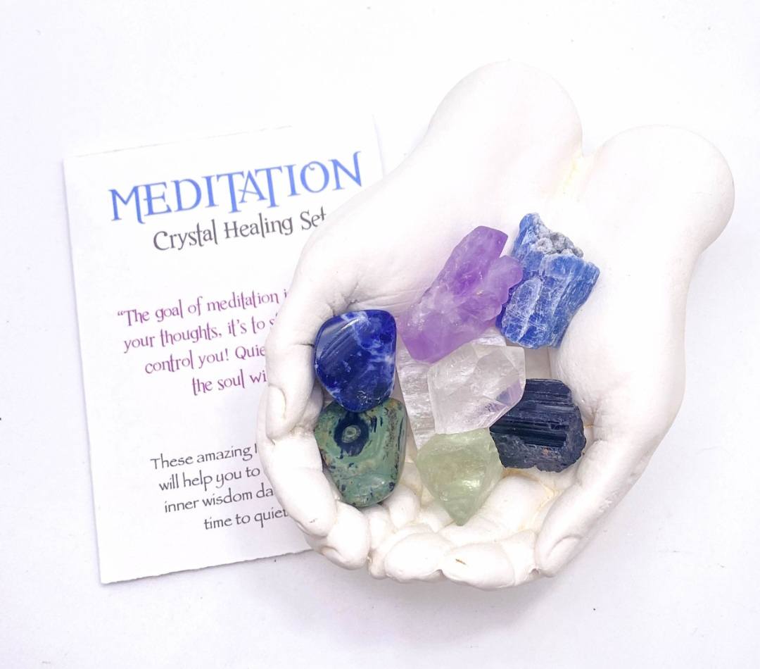 NEW MEDITATION CRYSTAL STONE HEALING SET ( 8 Stones ), MEDITATION "Quiet the mind and the soul will speak.”