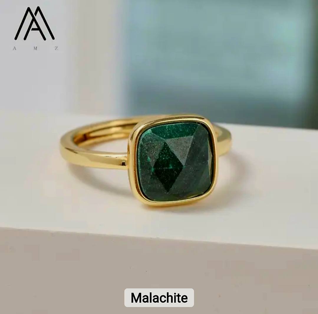 Nye MICCI Design Natural Malachite Stone Ring, 18K Goldplated, one size - justerbar