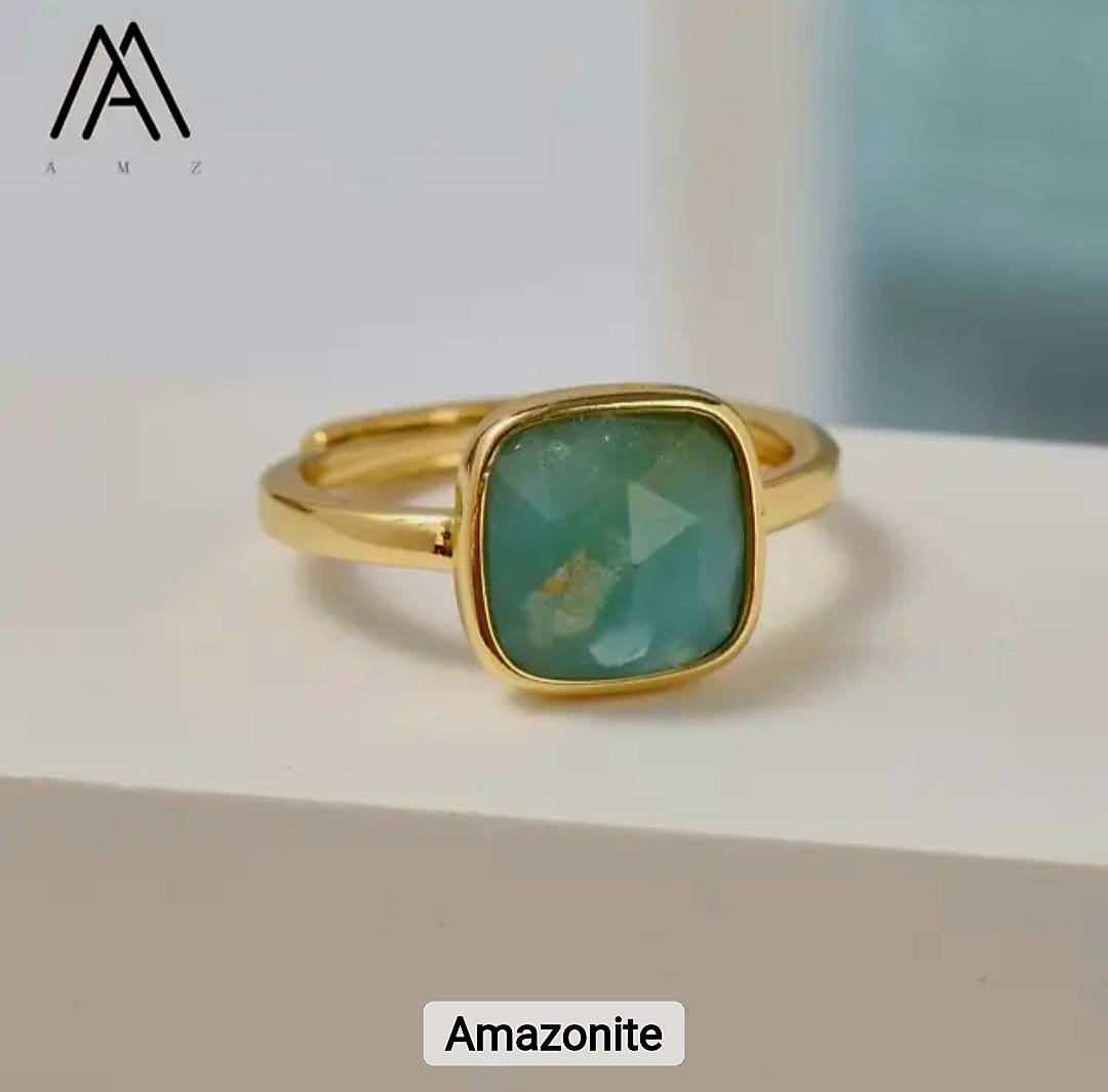 Nye MICCI Design Natural Amazonite Stone Ring, 18K Goldplated, one size - justerbar