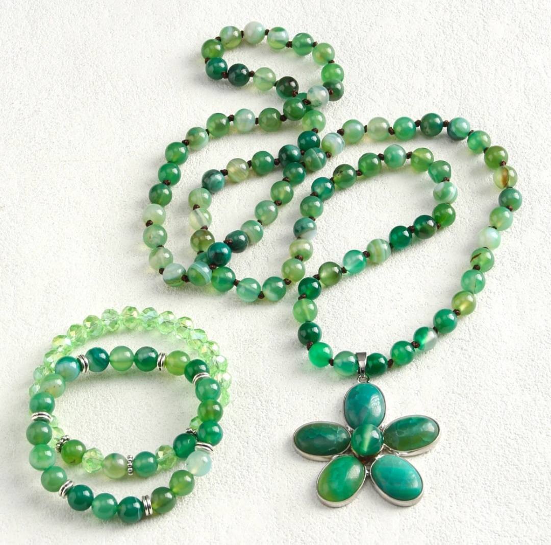 Nye Natural Stone Kjede + Armbånd fra MICCI DESIGN, Green AGATE Stone + Decor