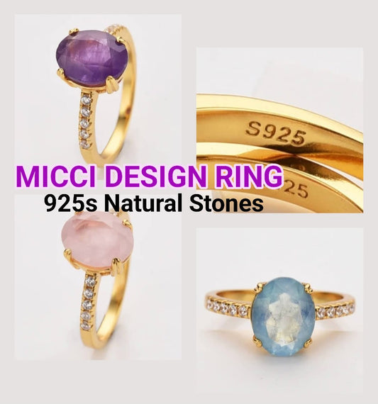 MICCI Design Ring, Natural Stone - Oval AMETYST m/ Zirkoner - 18k Goldplated 925s Silver