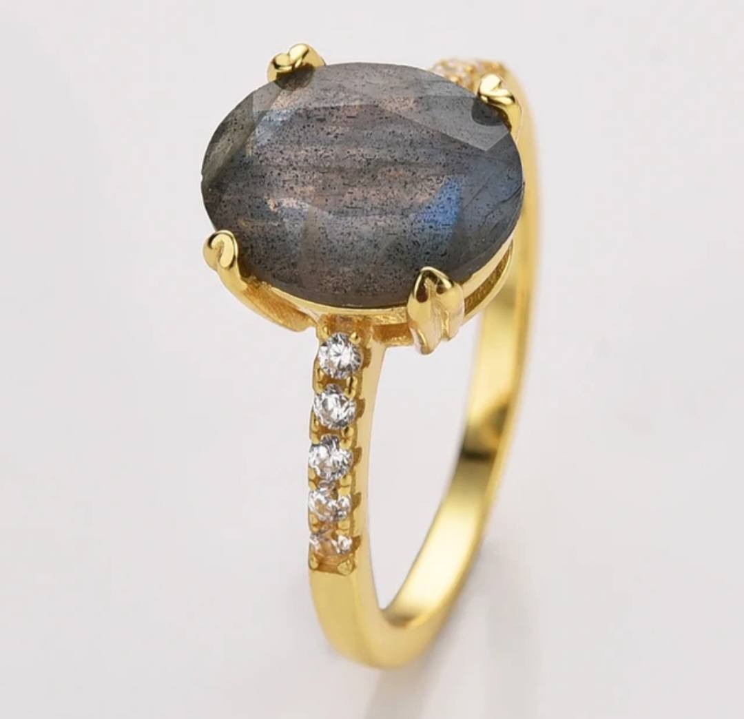 MICCI Design Ring, Natural Stone - Oval LABRADORITE m/ Zirkoner - 18k Goldplated 925s Silver