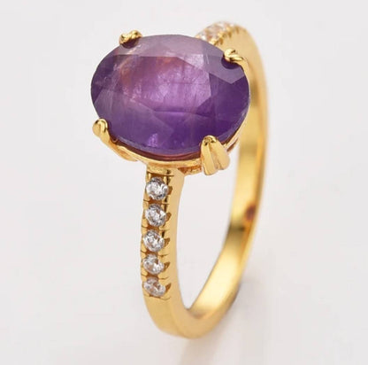 MICCI Design Ring, Natural Stone - Oval AMETYST m/ Zirkoner - 18k Goldplated 925s Silver