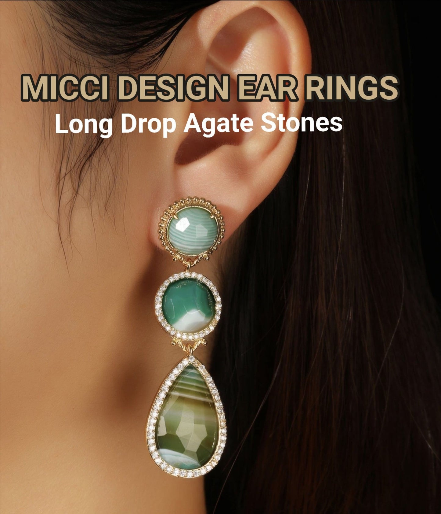 Nye MICCI DESIGN natural Green AGATE Long Drop Øredobber, 58x17mm 24KGold Electroplated