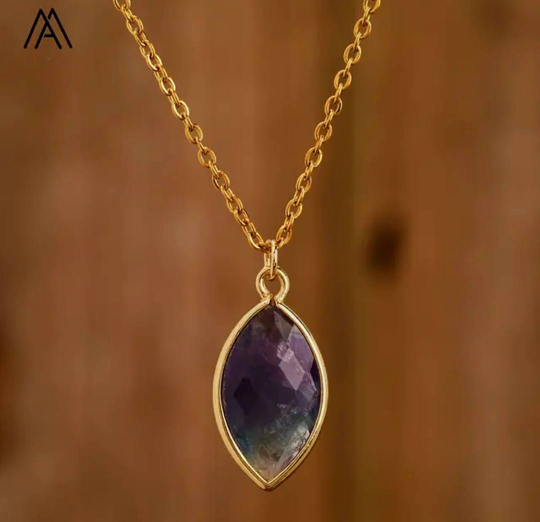 Nytt MICCI Design Oval Stone Kjede, 18K Goldplated, Fluorite Rainbow