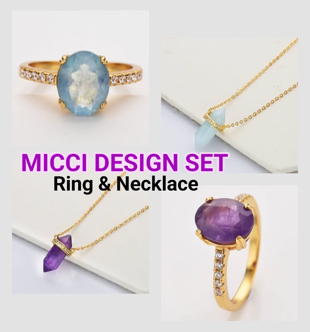 Nye MICCI DESIGN 18K Goldplated - 925s Ring og Kjedesett med natural stones