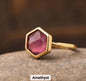 Nye MICCI Design Natural Ametyst Stone Ring, 18K Goldplated, one size - justerbar, 6 kantet
