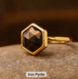 Nye MICCI Design Natural Iron Pyrite Stone Ring, 18K Goldplated, one size - justerbar, 6 kantet