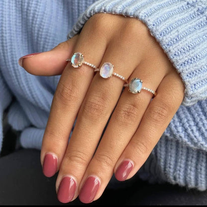 MICCI Design Ring, Natural Stone - Oval AQUAMARINE m/ Zirkoner - 18k Goldplated 925s Silver