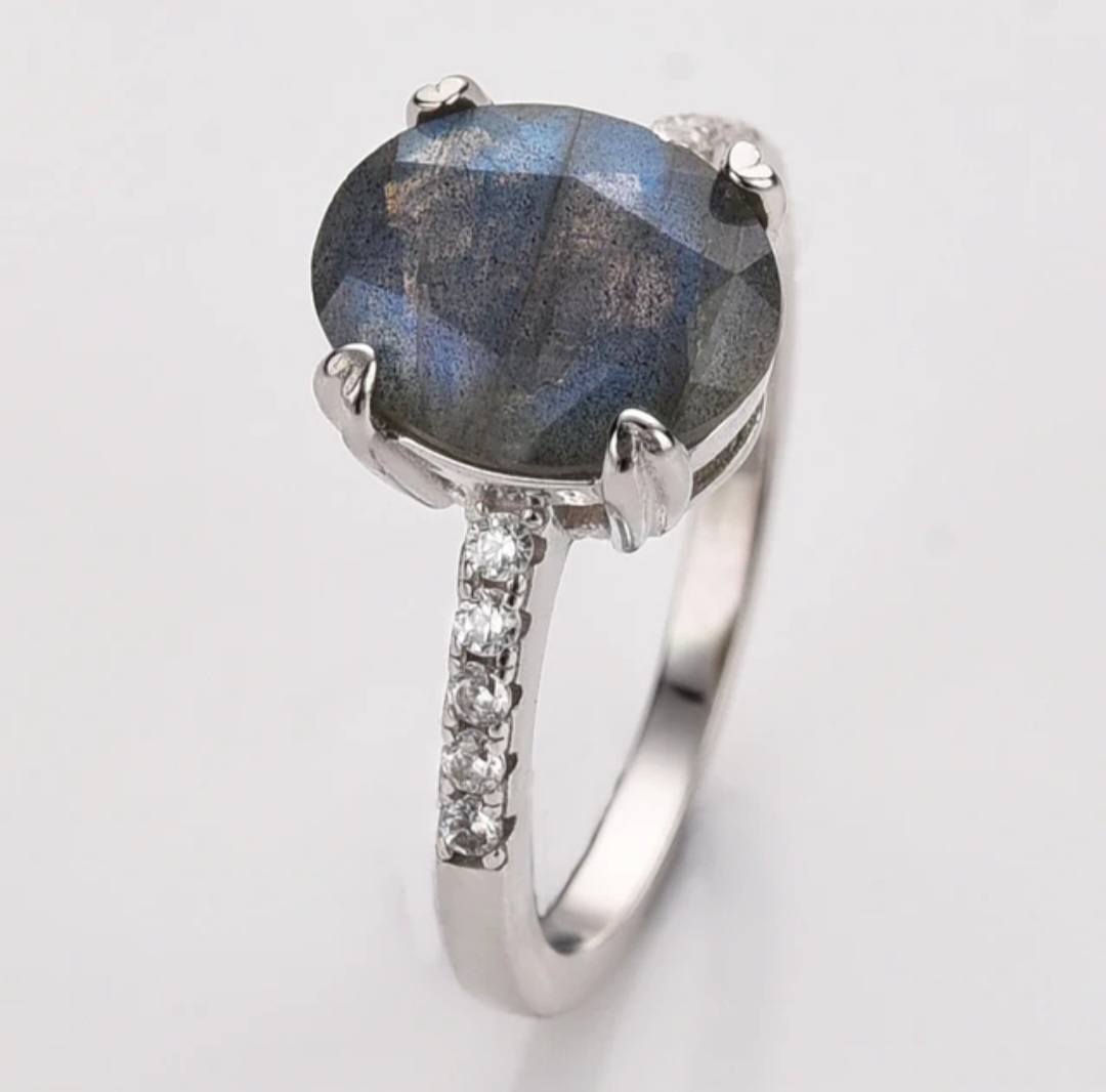 MICCI Design Ring, Natural Stone - Oval LABRADORITE m/ Zirkoner - 925s Silver
