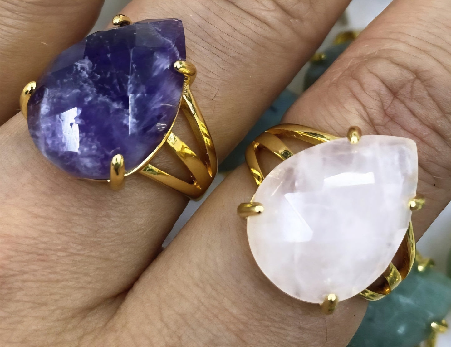 Nye MICCI Design Natural Ametyst Stone Ring, Tear Drop - 18K Goldplated, one size - justerbar