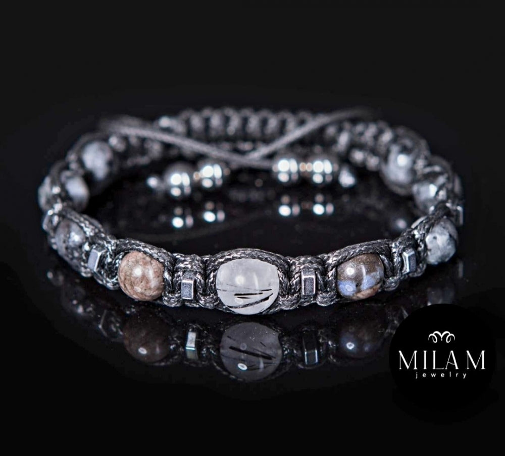 MÅNEDENS UTVALGTE / Trendy og Exclusivt Shambhala ArmbÅnd , Tourmaline Quartz, Brown Opal og Larvikite , unisex og justerbare