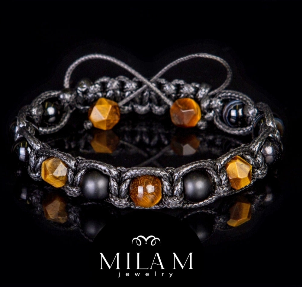 KAMPANJE/ Trendy og Exclusivt Shambhala ArmbÅnd , Tigereye, Matt Black Onyx , unisex og justerbare