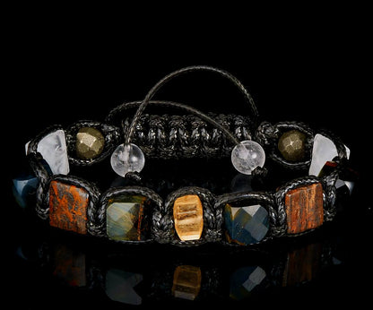 New 2025 Design / Trendy og Exclusivt Shambhala Armbånd,Black Bracelet Orange Topaz, Exclusive Natural Gemstone Bracelet Hawk’s Eye, Pyrite, Clear Quartz – Wealth, Prosperity, Abundance