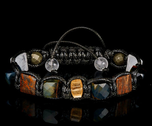 New 2025 Design / Trendy og Exclusivt Shambhala Armbånd,Black Bracelet Orange Topaz, Exclusive Natural Gemstone Bracelet Hawk’s Eye, Pyrite, Clear Quartz – Wealth, Prosperity, Abundance