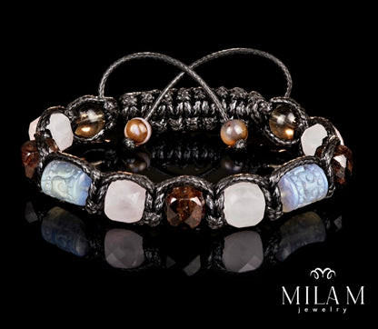 New Design / Trendy og Exclusivt Shambhala ArmbÅnd, Rose Quartz, Garnet, Labradorite, Smoky Quartz -  Unisex - Just