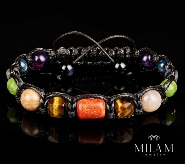 New Design / Trendy og Exclusivt Shambhala ArmbÅnd, 7 Chakra bracelet Red coral, Real Sapphire, Sunstone, Peridot,