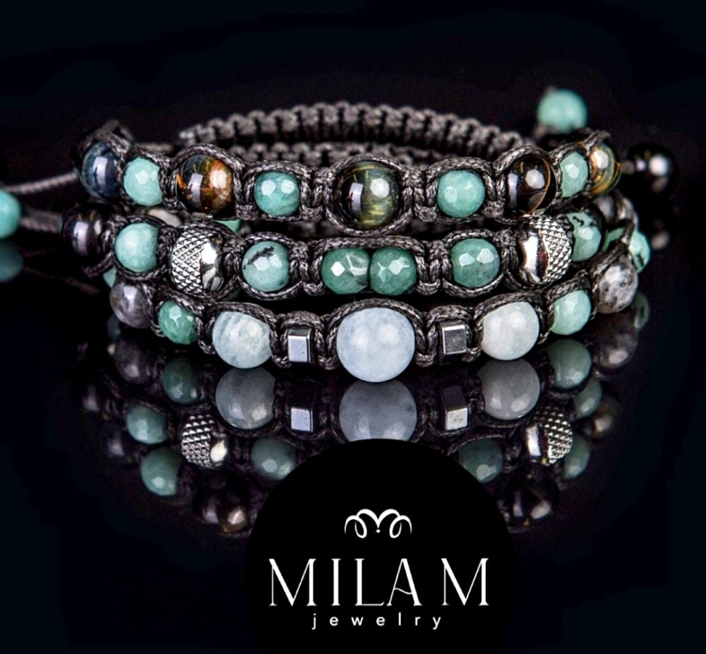Trendy og Exclusivt Shambhala ArmbÅnd , Triple Set / Blue Tigereye, Aquamarin, Moonstone, Hematitt, Grønn Agat, Larvikit