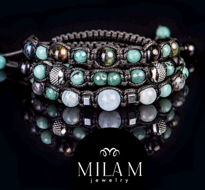 Trendy og Exclusivt Shambhala ArmbÅnd , Triple Set / Blue Tigereye, Aquamarin, Moonstone, Hematitt, Grønn Agat, Larvikit