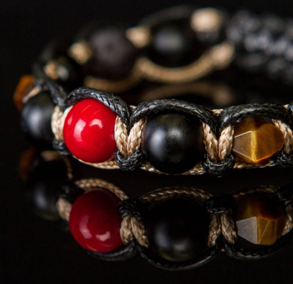 KAMPANJE / Trendy og Exclusivt Shambhala ArmbÅnd, RED CORAL * Tiger Eye * Black Onyx * Lavastone Stone Design, unisex,