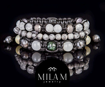 KAMPANJE / Trendy og Exclusivt Shambhala ArmbÅnd, Triple Stone Design med Moonstone * Seraphinite * Onyx * Gray Jasper