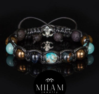 Trendy og Exclusivt Shambhala ArmbÅnd , Apatite, blue Tiger eye, Aquamarine, Tiger eye gemstone , unisex og justerbare
