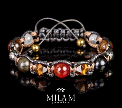 Trendy og Exclusivt Shambhala ArmbÅnd, Karneol, Tigerøye, Pyritt og Golden Obsidian og Hematitt  , unisex og justerbare