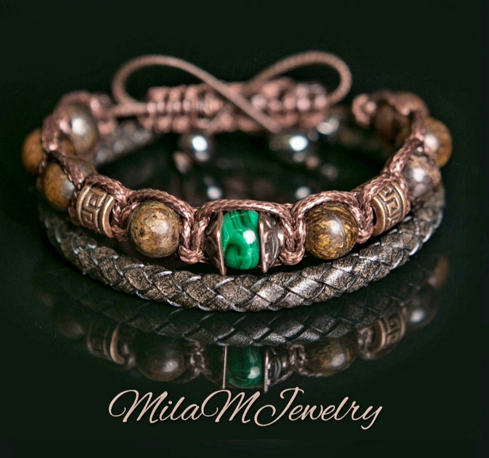 Trendy og Exclusivt Shambhala ArmbÅnd , Malachite og Bronzite , unisex og justerbare