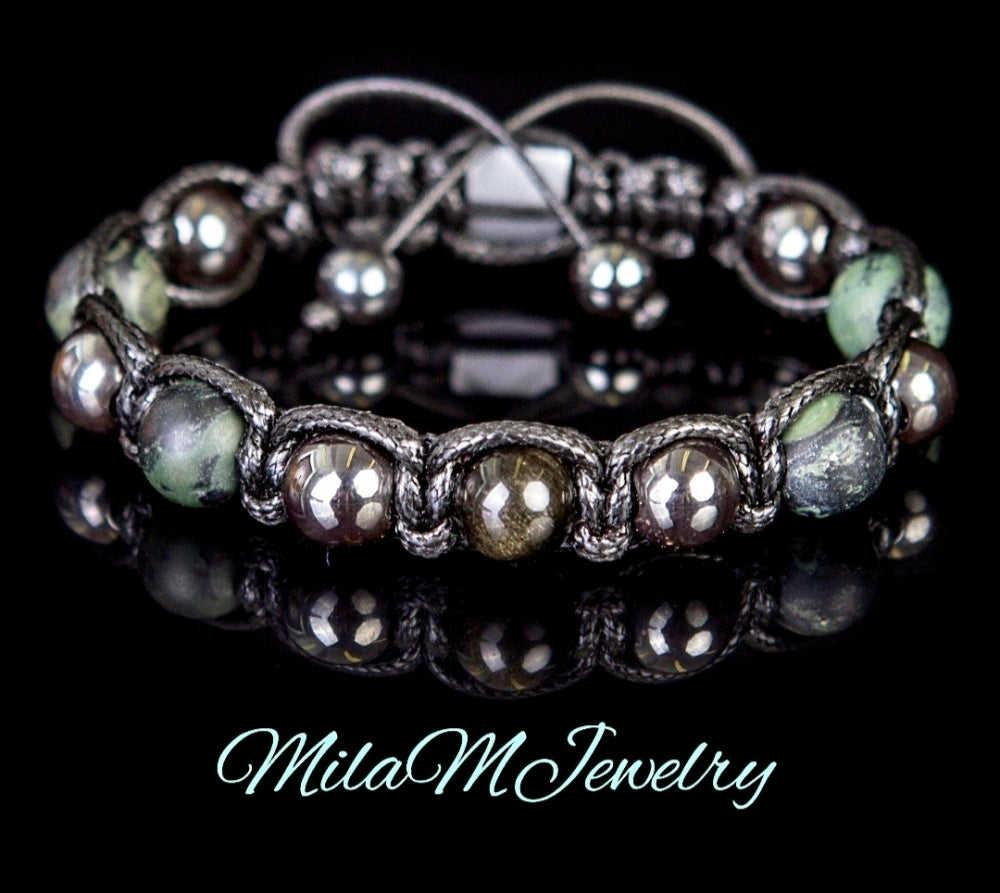 Trendy og Exclusivt Shambhala ArmbÅnd ,Tigerøye, Rhyolite og Hematitt , unisex og justerbare