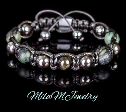 Trendy og Exclusivt Shambhala ArmbÅnd ,Tigerøye, Rhyolite og Hematitt , unisex og justerbare