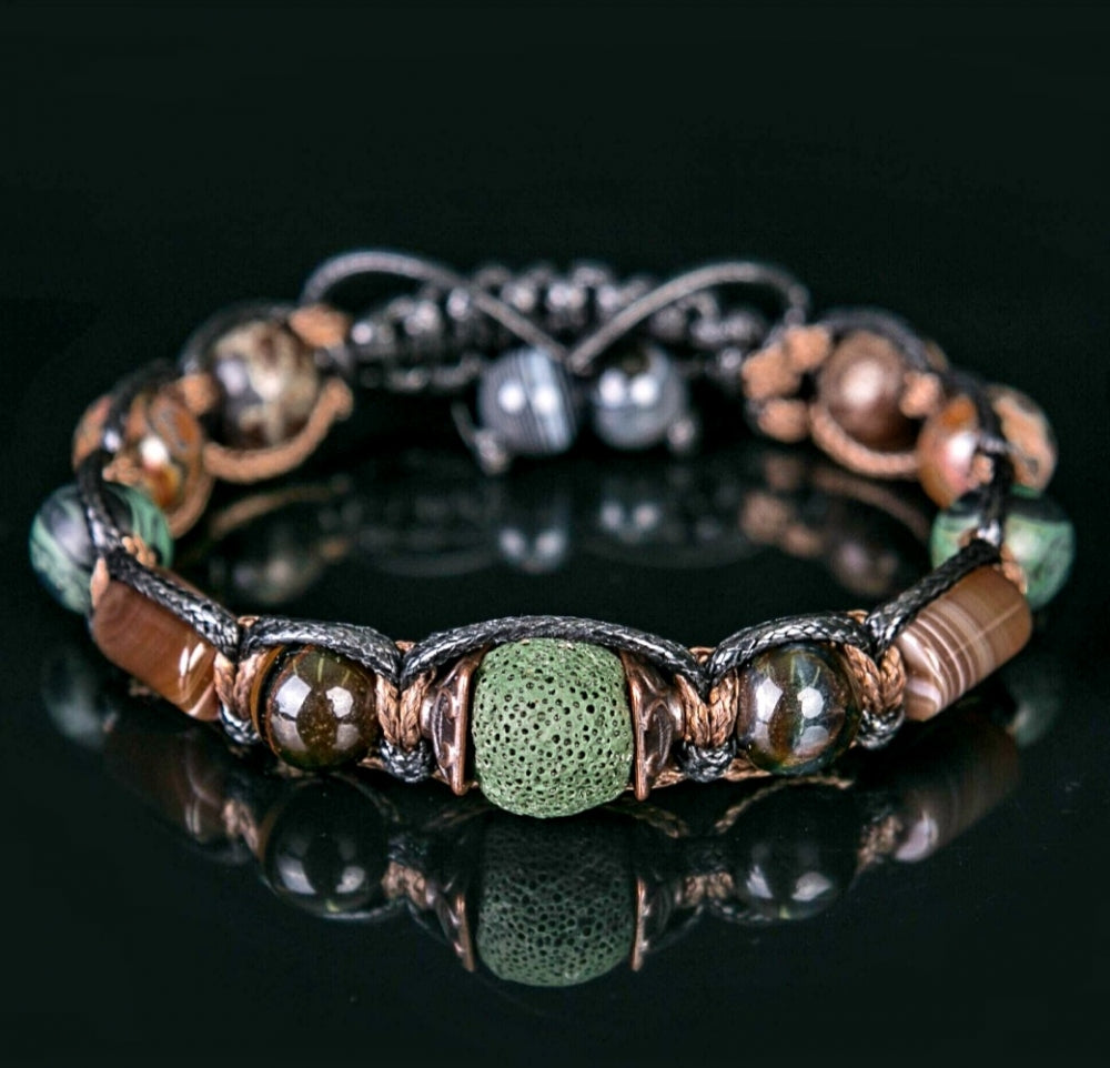 Trendy og Exclusivt Shambhala ArmbÅnd, Lavasten ( 14mm Grønn ), Botswana Agat, Tigerøye, Jasper, Rhyolite og Hematitt  ,