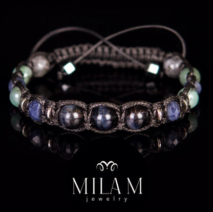 Trendy og Exclusivt Shambhala ArmbÅnd, Raw Sapphire, Blue Tigereye, African Emerald, Hematite Unisex og justerbare