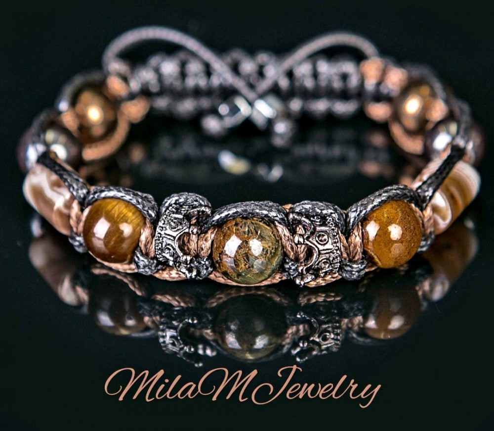KAMPANJE/Trendy og Exclusivt Shambhala ArmbÅnd ,Botswana Agat, Tigerøye og Hematitt , unisex og justerbare