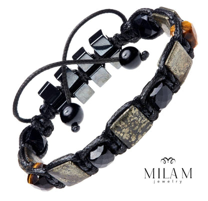 New 2025 Design  / Trendy og Exclusivt Shambhala Armbånd , Gemstone Bracelet for Abundance, Wealth, Black Tourmaline, Pyrite, Tiger eye, Hematite