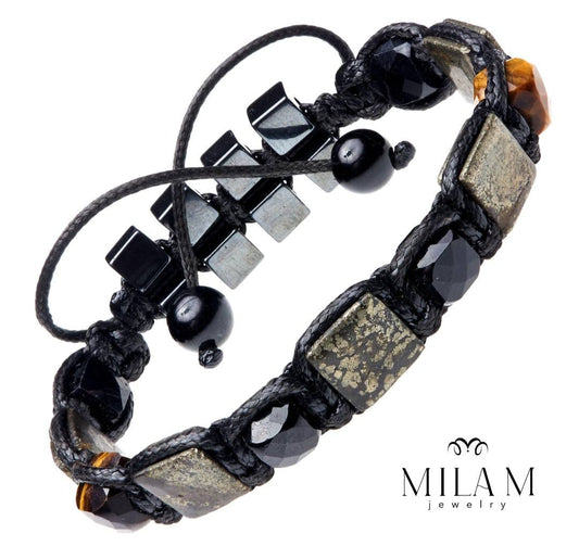 New 2025 Design  / Trendy og Exclusivt Shambhala Armbånd , Gemstone Bracelet for Abundance, Wealth, Black Tourmaline, Pyrite, Tiger eye, Hematite