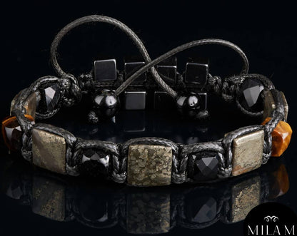 New 2025 Design  / Trendy og Exclusivt Shambhala Armbånd , Gemstone Bracelet for Abundance, Wealth, Black Tourmaline, Pyrite, Tiger eye, Hematite