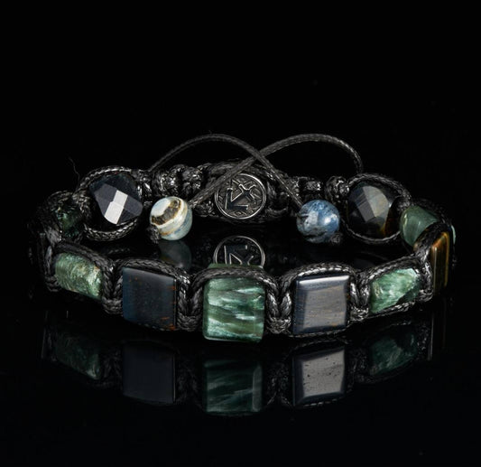 New 2025 Design / Trendy og Exclusivt Shambhala Armbånd, Zodiac Protection Bracelet – Seraphinite, Hawk’s Eye, Kyanite |