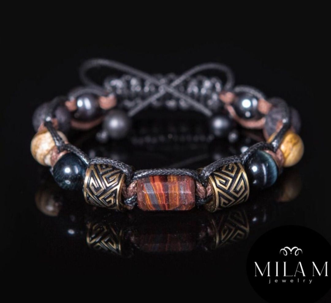 New Design / Trendy og Exclusivt Shambhala Armbånd, Red, Blue Stone Design- unisex , Justerbart