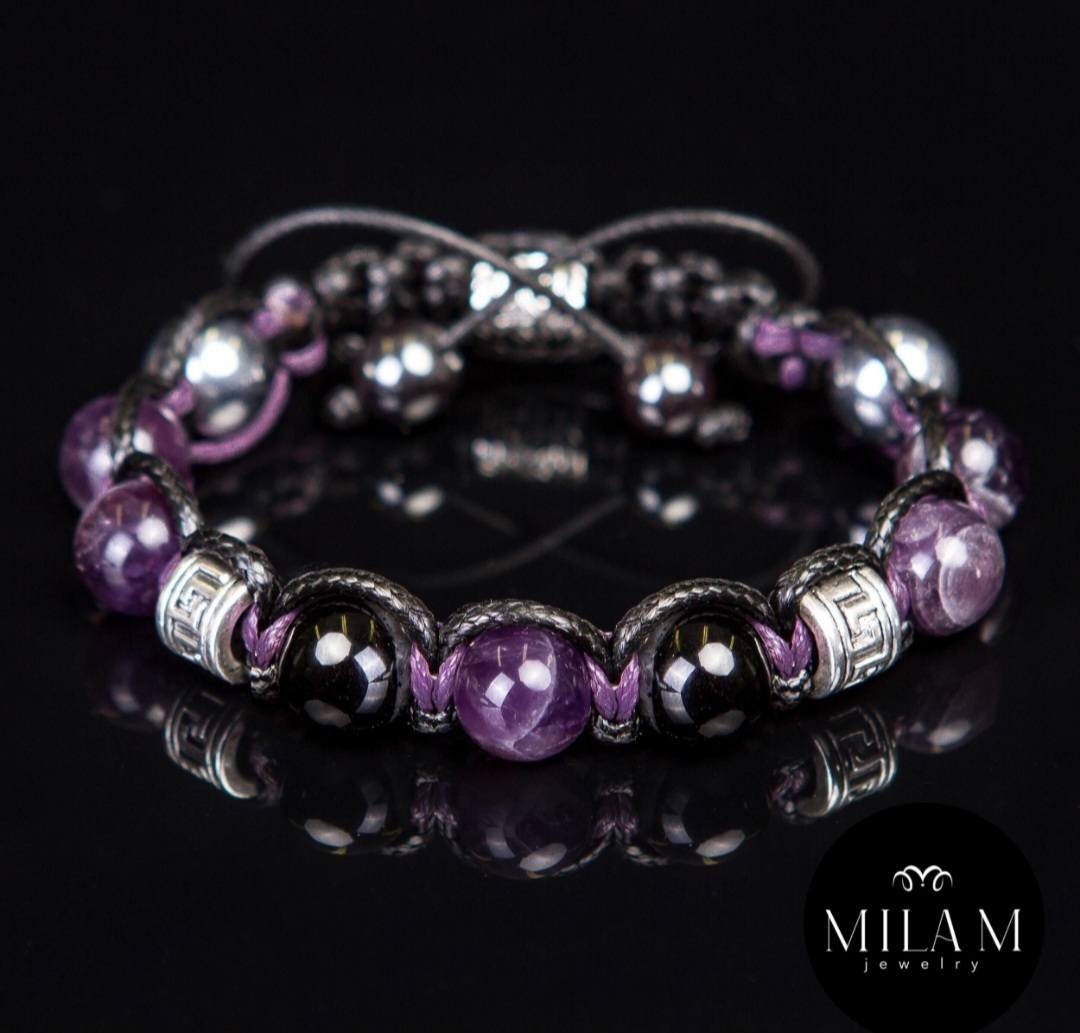 MÅNEDENS UTVALGTE /Trendy og Exclusivt Shambhala ArmbÅnd , Ametyst, Sort Turamalin og Hematitt, unisex og justerbare