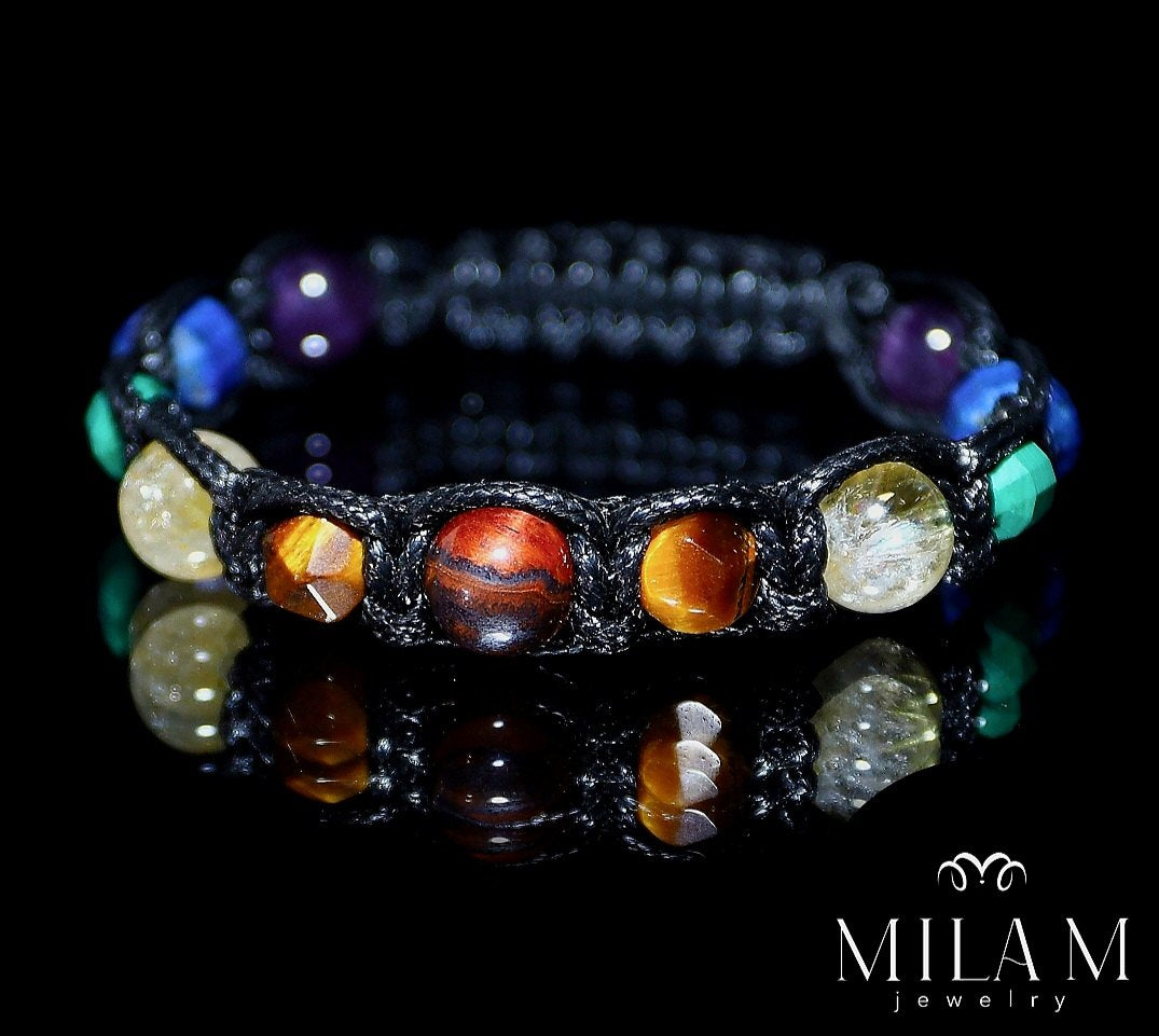 New 2025 Design / Trendy og Exclusivt Shambhala Armbånd, 7 chakras bracelet real stone • Red Tiger eye • Citrine • Green Agate• Lapis lazuli • Gold Tiger eye • Yoga Bracelet