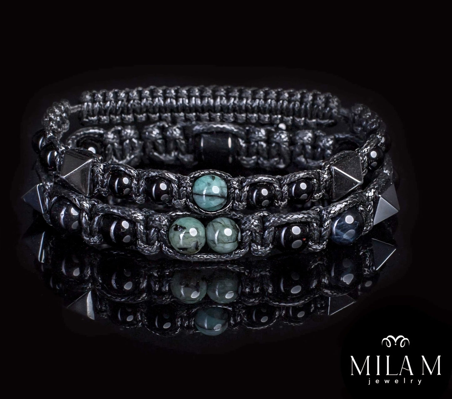 Trendy og Exclusivt Shambhala Armbånd ( DUO - SET ), African Emarald, Blue Tigereye, Hematite, Turmaline unisex og justerbare.