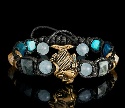 New 2025 Design / Trendy og Exclusivt Shambhala Armbånd, Pisces Zodiac Bracelet – Aquamarine, Turquoise, Hawk’s Eye, Apatite Citrine - Spiritual, Protection, Intuition