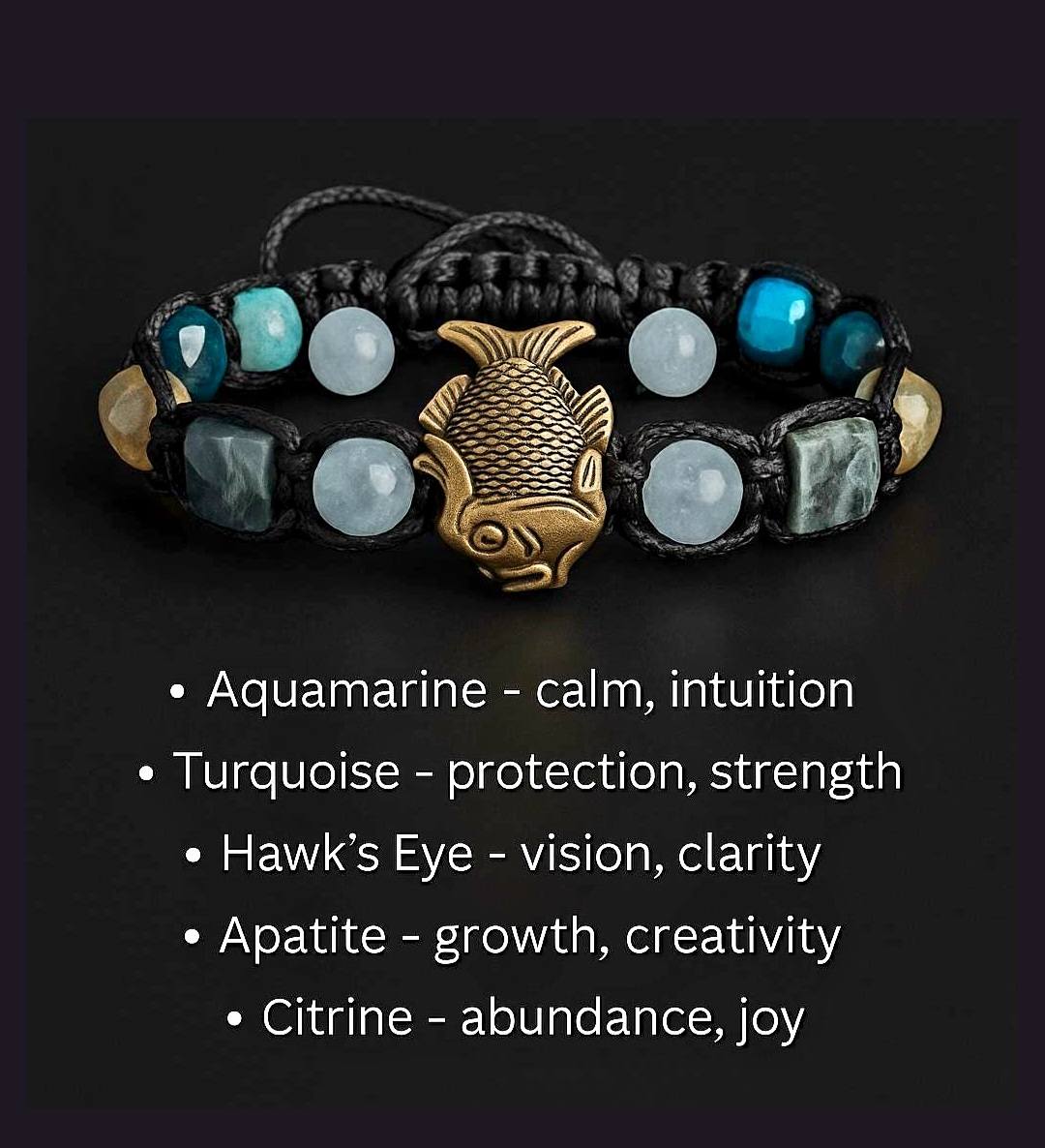 New 2025 Design / Trendy og Exclusivt Shambhala Armbånd, Pisces Zodiac Bracelet – Aquamarine, Turquoise, Hawk’s Eye, Apatite Citrine - Spiritual, Protection, Intuition