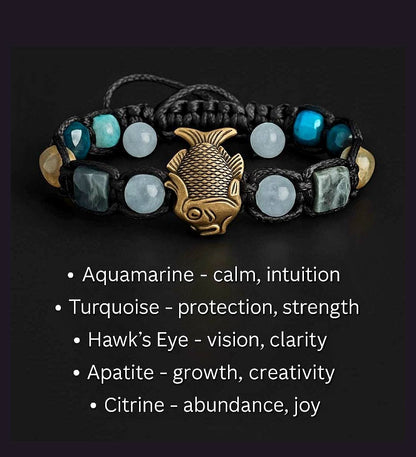 New 2025 Design / Trendy og Exclusivt Shambhala Armbånd, Pisces Zodiac Bracelet – Aquamarine, Turquoise, Hawk’s Eye, Apatite Citrine - Spiritual, Protection, Intuition