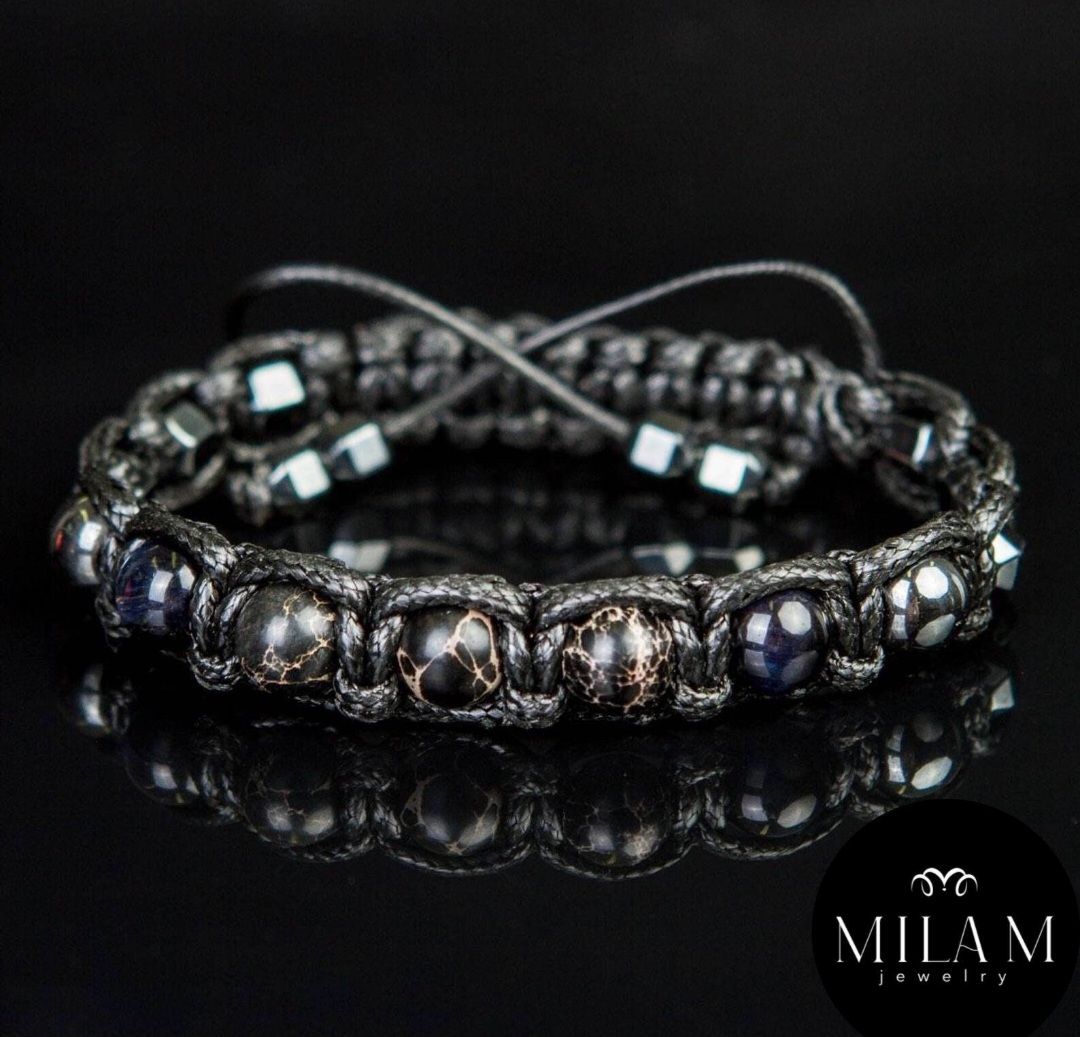 MÅNEDENS UTVALGTE /Trendy og Exclusivt Shambhala ArmbÅnd , Imperial Jasper, Blue Tigereye, Hematite,  unisex og justerbare